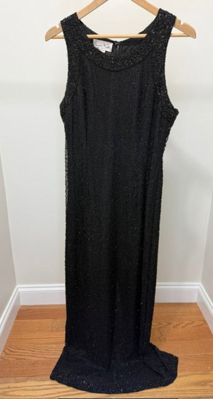 Laurence Kazar 90s Vintage Silk Black Beaded Dress SzL